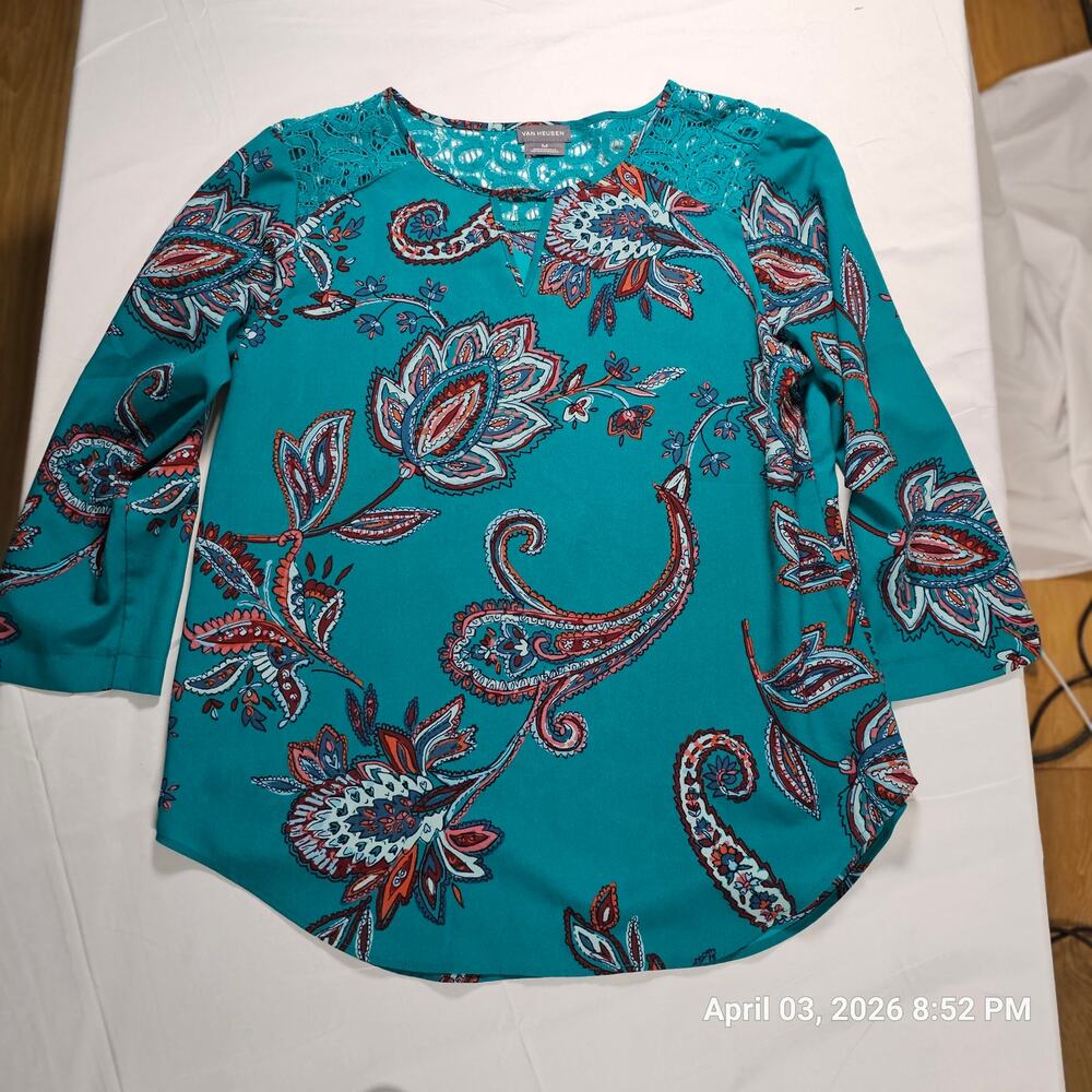 Van Heusen Teal‎ Paisley Blouse Lace Yoke 3/4 Sleeve Career Top Women’s Medium
